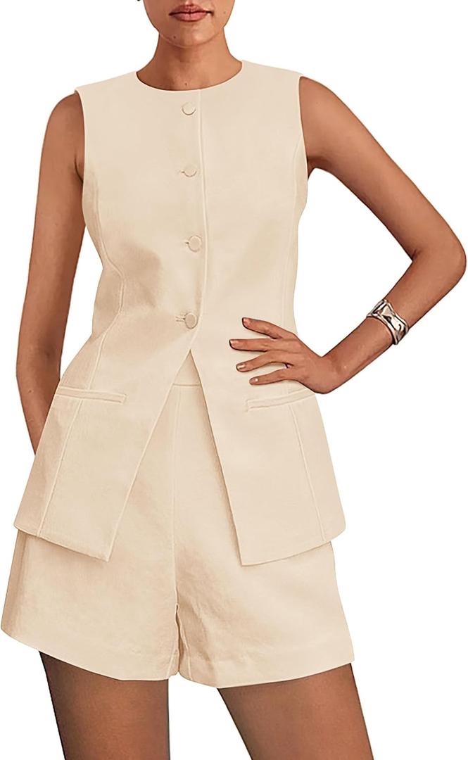 PRETTYGARDEN Women's 2 Piece Sets 2026 Summer Trendy Button Down Suit Vest Tops High Waisted Shorts Business Casual Outfits (XXL)