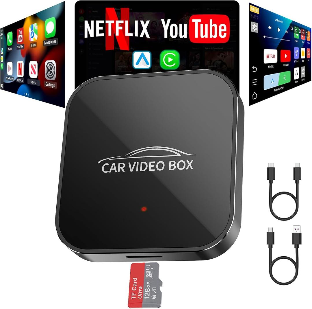Wireless Carplay & Android Auto Adapter Built in Netflix YouTube, 3-in-1 Car Play Ai Box Convert Wired to Wireless CarPlay, Upgraded Dual-Band WIFI, TF Card, Video Box for iPhone/Android, Plug & Play (Black)