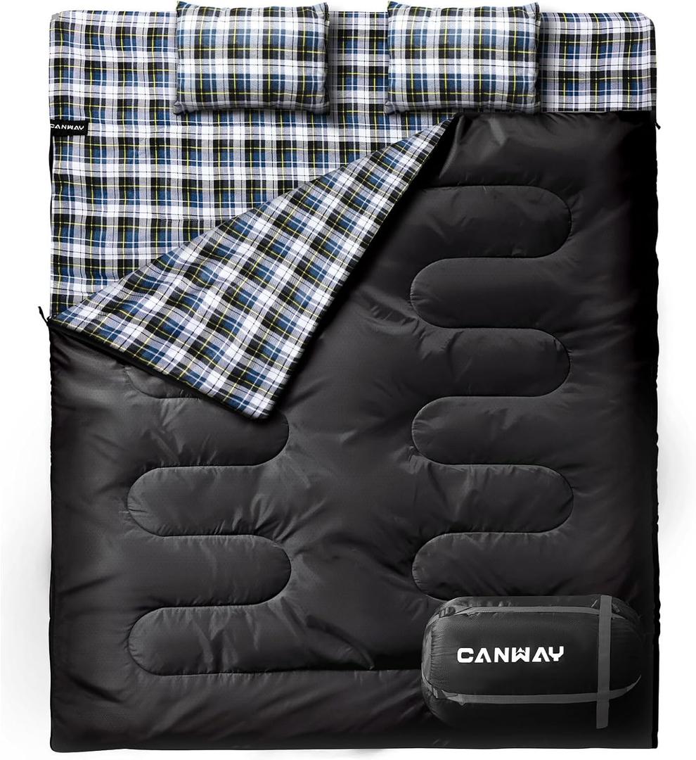 CANWAY Double Sleeping Bag Flannel for Adults Cold Weather Queen Size Two Person Sleeping Bags for Camping with 2 Pillows (Black&Plaid)