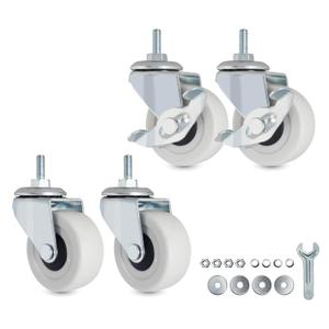 M6-1.0 Threaded Stem Caster Wheels, 2 Inch PVC Silent Castors, M6 x 15mm Replacement Wheels for Utility Shelf, Small Rolling Cart, Kitchen/Laundry Rack, Set of 4 (2 Brake, 2 Swivel)