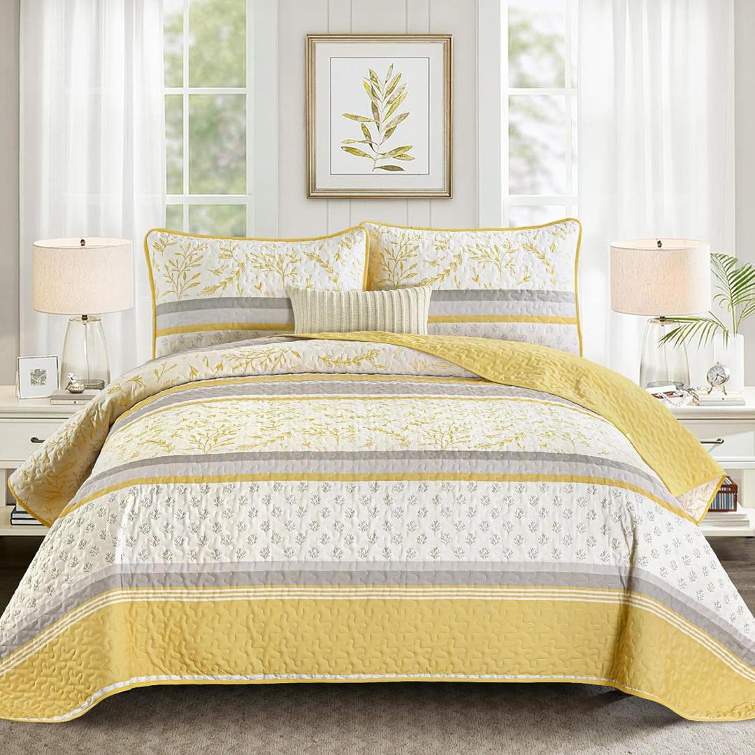 DJY Striped Quilt Set Queen Size, Yellow Grey Boho Striped Patchwork Leaves Printed Bedspread Coverlet Set 3 Pieces Soft Lightweight Microfiber Quilted Bedding Set for All Season (96"x90")