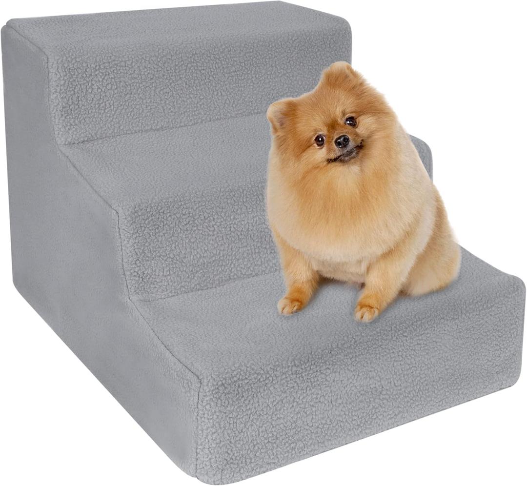 yofit Doggy Steps - Non-Slip 3 Steps Pet Stairs for Cats and Dogs, Foldable Plastic with Washable Carpet Holds Up to 50 lbs (Gray)
