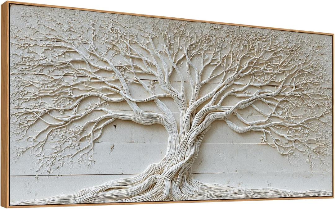 Tree of Life Wall Art White Relief Sculpture Canvas Prints Natural Framed Large Statement Piece 24 x 48 Inches Ready to Hang for Bedroom Living Room Office Hallway Home Decor