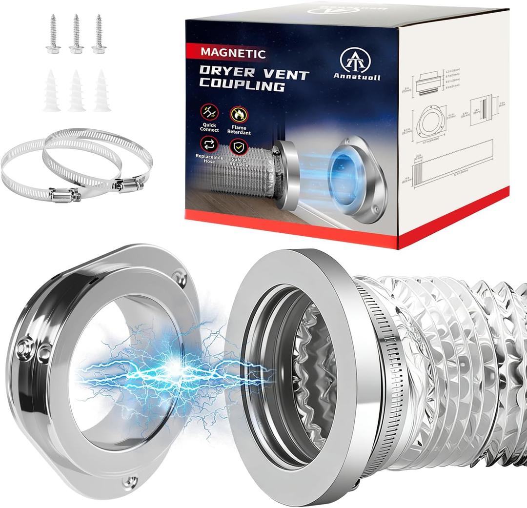 Anitonaia DV180 Magnetic Dryer Vent Coupling, Airtight Seal Magntic Drver Vent Connector Kit, Including 6Ply Aluminum Dryer Hose and 2 Clamps, Easy to Clean Quick Connector
