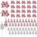 60 Pcs Christmas Glitter Poinsettia Flowers Set 20 Christmas Artificial Poinsettia 40 Berries Stems Berry Picks, Xmas Tree Flowers Decorations Ornaments(Pink,Silver)