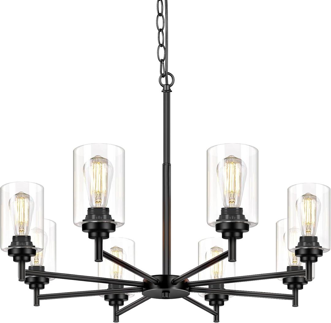 Sucolite 33.5'' 8-Light Chandelier for Dining Room Kitchen Island, Modern Farmhouse Pendant Lighting with Glass Shades Industrial Black Hanging Ceiling Light Fixture for Living Room, Height Adjustable