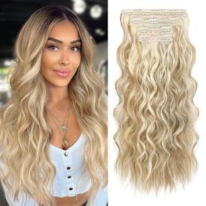 REECHO Clip in Hair Extensions, 4PCS Hair Extensions 24" Thick Long Beach Waves hair extensions HE003 Invisible Lace Weft Natural Soft Hairpieces for Women (Honey Blonde with Highlights)