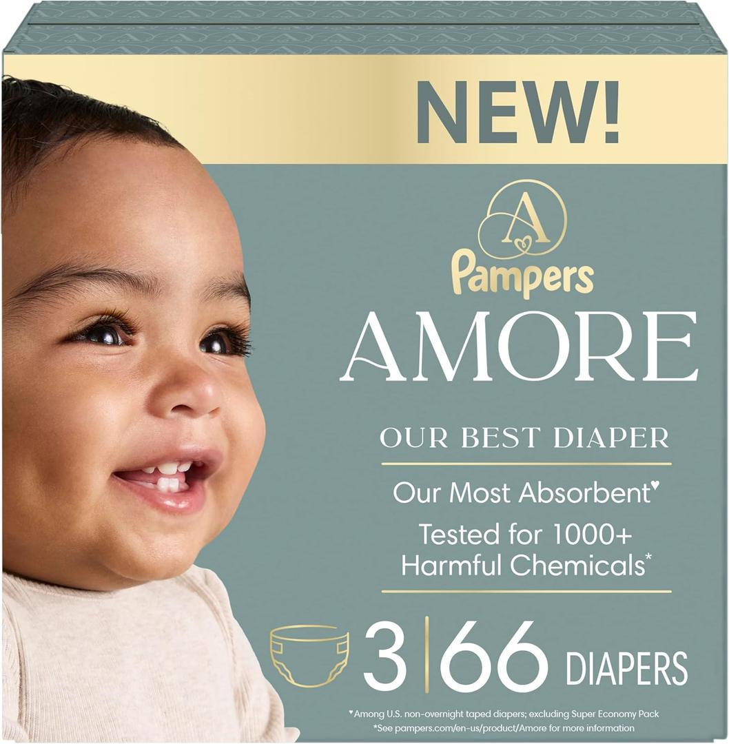 Pampers Amore, Size 3 (13-26 lbs), 66 Count, Our Best Diaper – Hypoallergenic & Fragrance Free, Up to 100% Leakproof, Soft as Cashmere