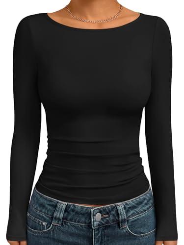 Trendy Queen Women's Boat Neck Tops Long Sleeve Shirts Casual Fitted Tee Shirts Solid Color Fall Basic Clothes 2026 Black XS, Was used
