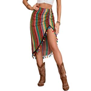 BEAUDRM Women's Boho Tassel Trim Skirt Split Ruched Fringe Hem Midi Skirts Rave Country Concert Festival Outfits, Large