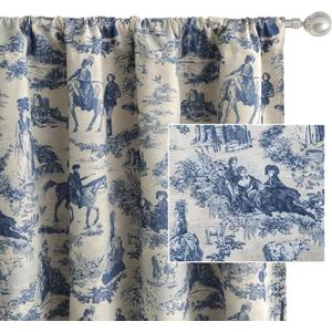 DriftAway 100% Blackout Toile Linen Curtains for Bedroom Double Layer Farmhouse French Country Vintage Printed Pattern Thermal Sound Lined Back Tab Living Room Drapes 90 inch Length 2 Panels Navy