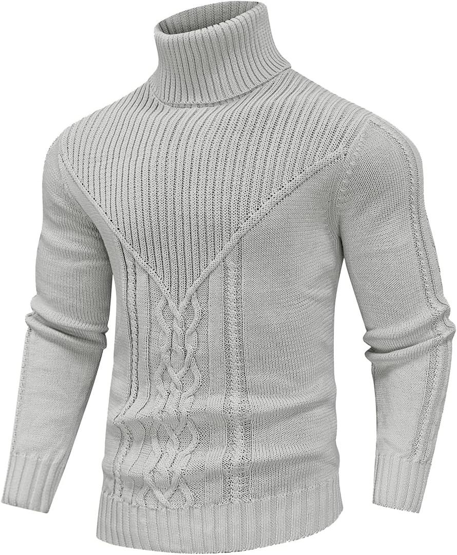 SAVKOOV Men's Turtleneck Sweater Cable Knitted Pullover Sweater (Gray, S)