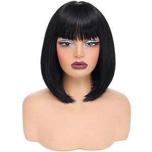 Sarensall Black Bob Wig With Bangs Short Straight Black Wigs for Women Natural Looking Synthetic Wigs for Daily Cosplay Costume Wig (Black,12 Inch)
