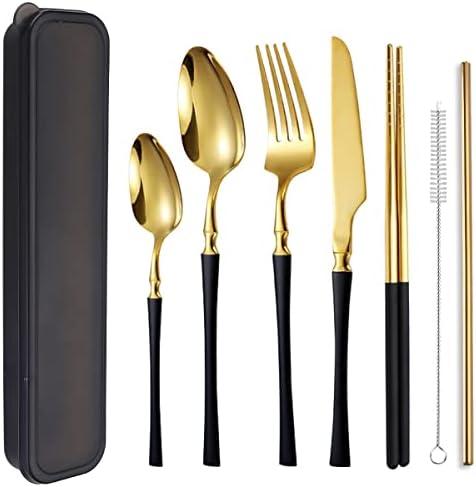 AARAINBOW 7 Pieces Stainless Steel Flatware Set Portable Reusable Cutlery Set Travel Utensils Set Including Chopsticks Knife Fork Spoon Straws Cleaning Brush Dishwasher Safe (B-Black Golden)