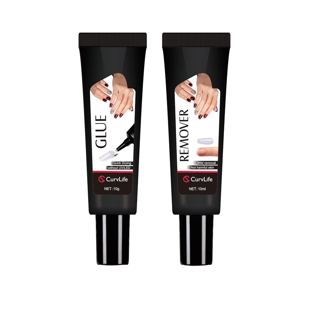 Curvlife Newly Upgraded Quick Drying 10g Semi Solid Nail Glue with 10ml Remover for Press On Nails Tips No Need for UV Lamp Long Lasting Fake Acrylic Nails Kit Glue Gel