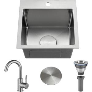 Bar Sink 15 Inch Drop in Bar Sinks Modern Stainless Steel Small Kitchen Sinks Single Bowl RV Sink with Faucet Combo (15" x 15" x 8.3")