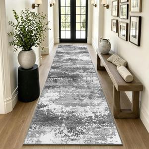 12 FT Extra Long Runner Rug for Hallway Washable, 2.6x12 Large Kitchen Floor Runners Non Slip, Entryway Runner Carpet Low Pile Stain & Fade Resistant, Abstract Gray