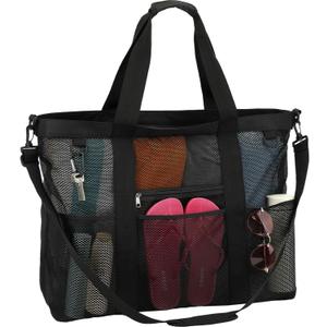 Mesh Beach Bag - Large Beach Tote Bag with Multiple Pockets for Family Beach Bag for Toys & Vacation Essentials (Extra Large - Black)