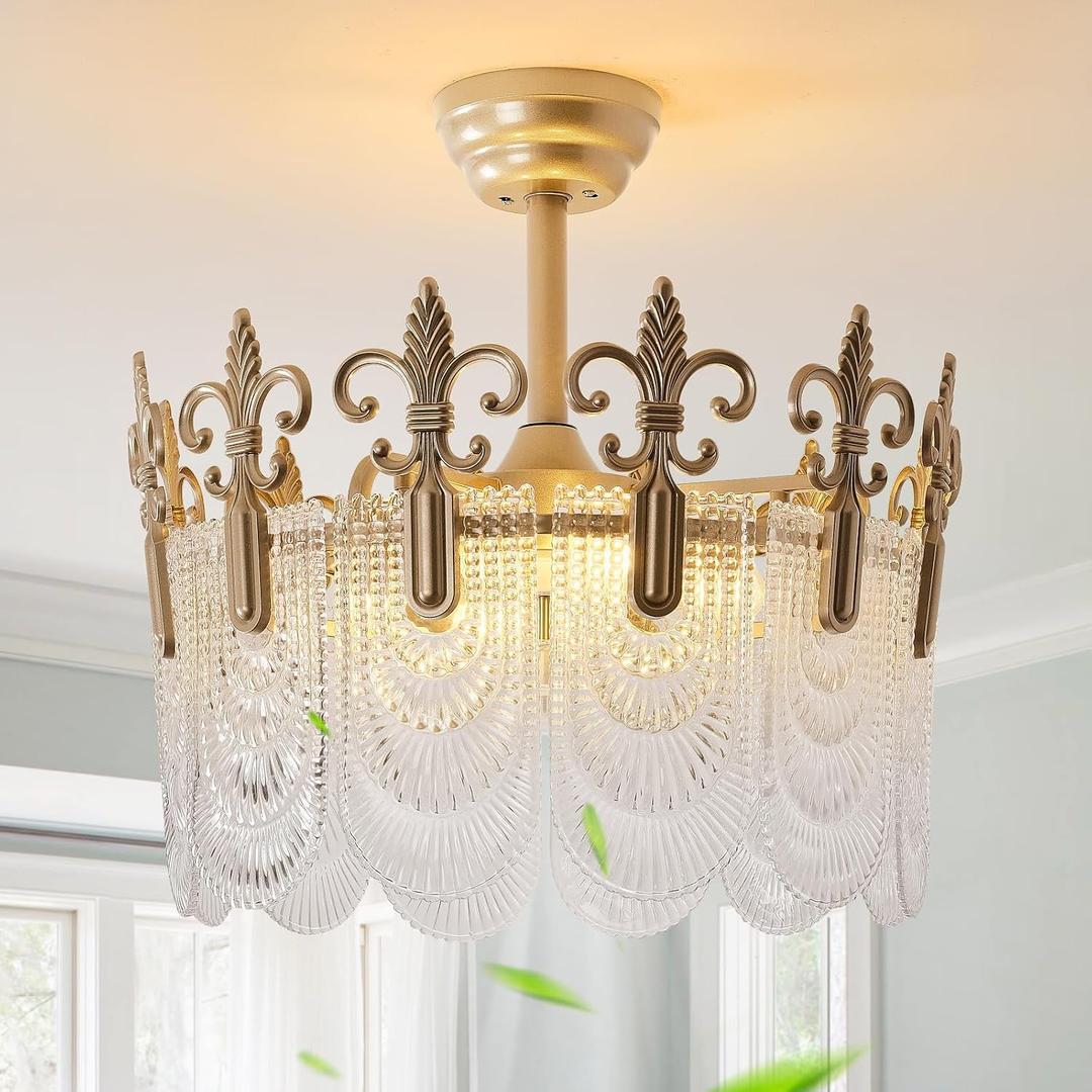 Gold Crystal Fandelier Ceiling Fan with Light,20" Gold French Chandelier Ceiling Fans with Lights Remote Control, Morden Mid-Century Caged with 6 Speeds for Bedroom, Nursery, Living Room