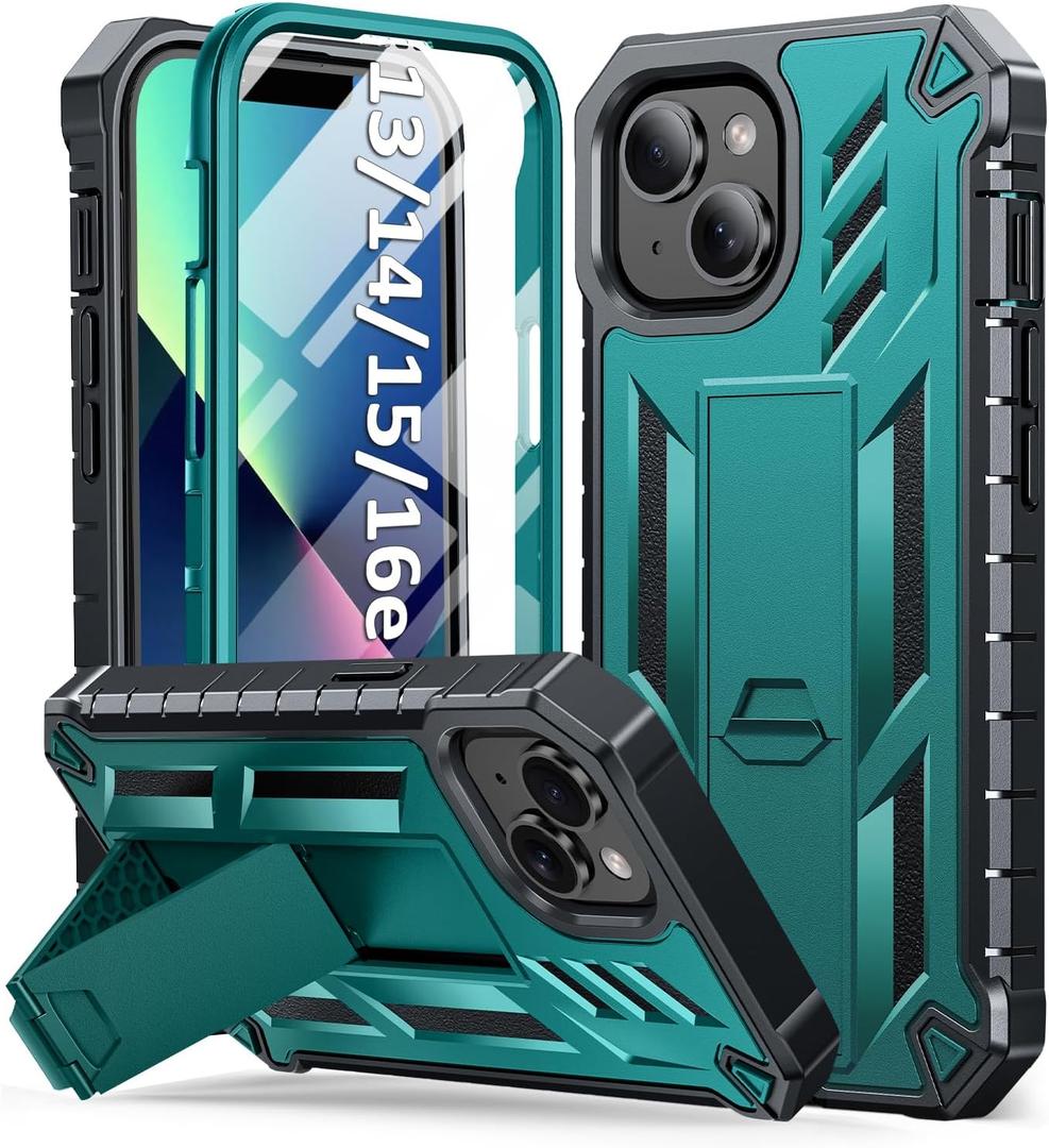 SOiOS for iPhone 13/14/15 Phone Case: for iPhone 16e Protective Cover with Built-in Kickstand | Heavy Duty Military Grade Hard Protection Shock Proof | Durable Dual-Layer Design Green