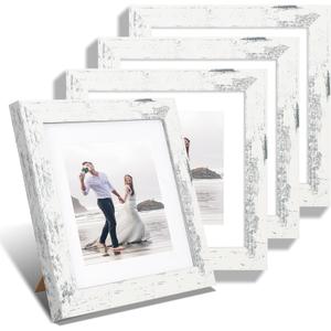 iRahmen 8x8 Picture Frames Set of 4 with Real Glass, Distressed White Frame Display 6x6 Pictures with Mat or 8 x 8 Without Mat, Wood Square Photo Frame for Wall Mount and Tabletop Display
