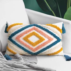JASEN Colorful Boho Throw Pillow Covers 12x20, Diamond Pattern Lumbar Pillow Covers with Tassel Woven Tufted Decorative Pillow Cover for Couch Sofa Bedroom Living Room (Blue)