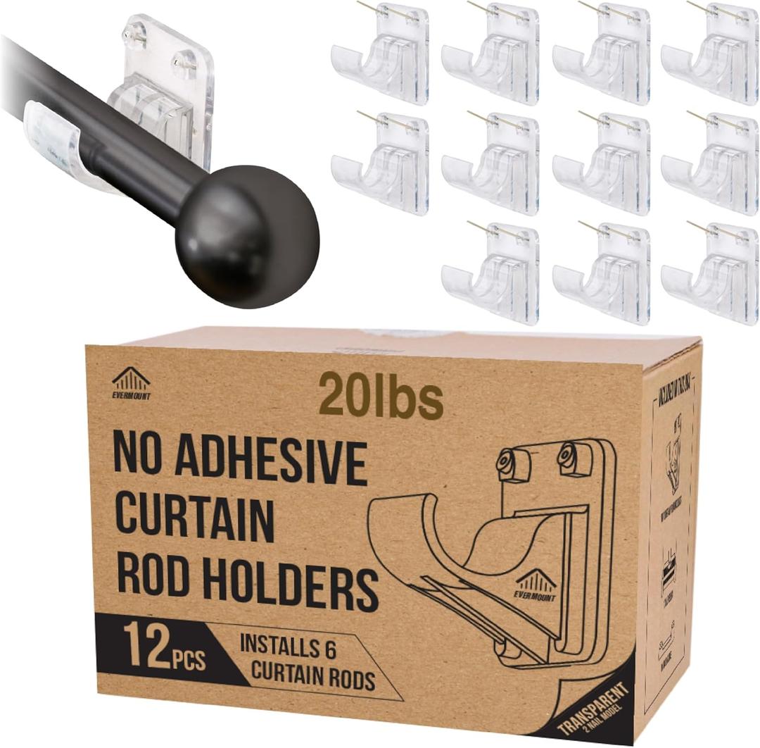 No Adhesive Heavy Duty Curtain Rod Holders with Wide Hook, 5X Stronger Than Adhesive Curtain Rod Hooks,Tension Curtain Rod Bracket for Wall with Pin Guide, Curtain Wall Mount (12 Pack, For 0.75" Rods)