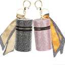 2 Pack Lipstick Case Keychain, Leather Diamond Lip Gloss Holder, Travel Lipstick Organizer for Fingernail Polish (Black, Pink)