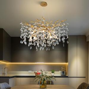 30" Modern Gold Crystal Tree Branch Chandelier for Dining Room, 10-Light Luxury Round K9 Crystal Raindrop Chandeliers Light Fixture for Living Room, Bedroom, Foyer, Entryway, Kitchen