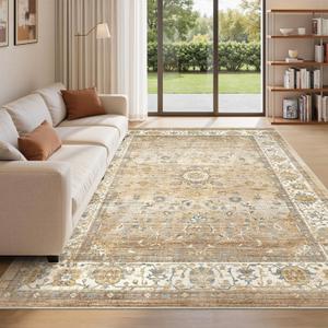 befbee 6x9 Area Rugs for Living Room - Stain Resistant Machine Washable Rugs for Bedroom,Non-Slip Backing Large Area Rug (Apricot/Blue, 6'x9')