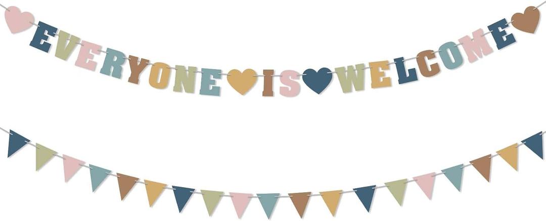 2 x Everyone is Welcome Banner, First Day of School Large Classroom Pennant Banner Colorful Flag Welcome Back to School Hanging Ornaments Classroom Decoration Supplies (Morandi)