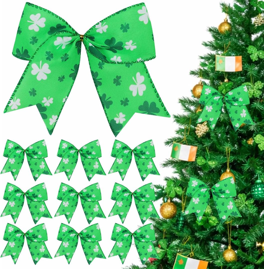 12 Pcs St Patricks Day Tree Bows Decorations,6 Inch St Patricks Ornaments with Irish Shamrock for Tree Home Party Front Door Indoor Outdoor Holiday Decor (Green)