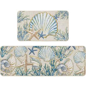 Artoid Mode Sea Shell Starfish Coral Whelks Summer Kitchen Mats Set of 2, Ocean Seasonal Sports Home Decor Low-Profile Kitchen Rugs for Floor - 17x29 and 17x47 Inch