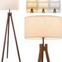 ELYONA Wood Tripod Floor Lamp, Mid Century Reading Standing Lamp with 3 Color Temperatures & Linen Shade, Modern Night Light for Bedroom, Farmhouse, Living Room, Office, 9W LED Bulb Included, Brown