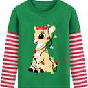 Toddler Girl Christmas T-Shirt Kid Xmas Ugly Reindeer Santa Claus Snowman Shirt Long Sleeve Strip Patchwork Cooton Tee Top