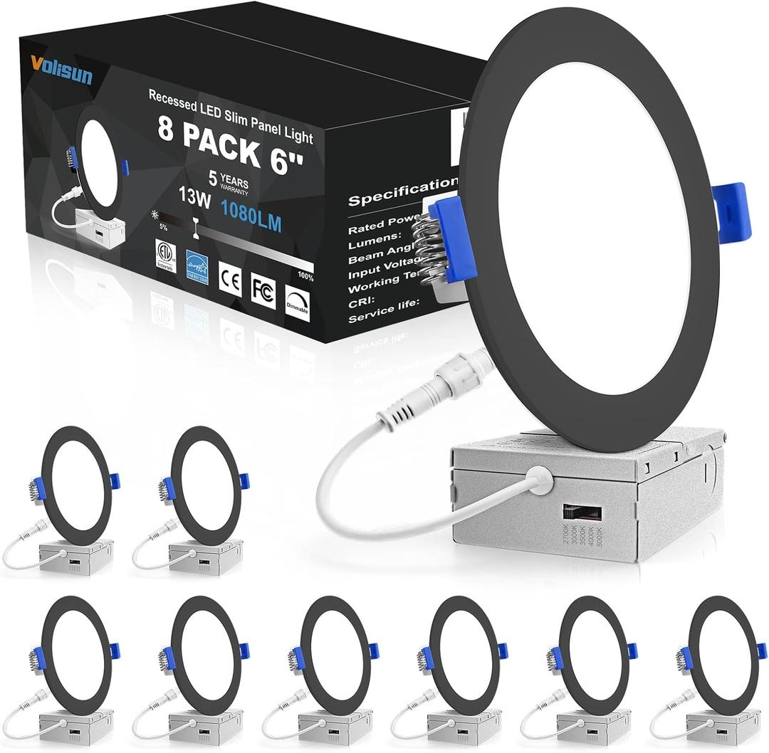 VOLISUN 8 Pack 6 inch Recessed Lighting, 5CCT LED Recessed Light Black, 2700K-5000K Selectable, 13W Eqv 120W, 1080LM Dimmable Canless Wafer Downlight, LED Ceiling Light ETL Certificated