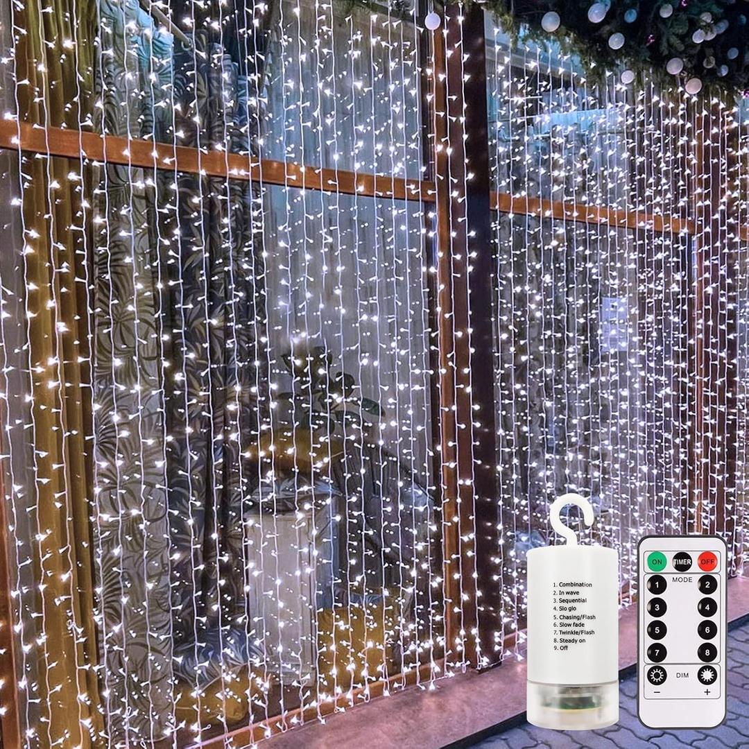Echosari Curtain Lights Battery Operated, 9.8Ft x 9.8ft 300 LED Curtain String Light with Remote Timer 8 Modes Hanging Lights for Wedding Party Home Garden Wall Decor (Cool White)