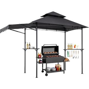 VEVOR Grill Gazebo, 11x5 ft BBQ Gazebo with Extra Awning, Double-Tiered Outdoor Grill Shelter, Thickened Support Legs, Powder-Coated Steel Grilling Canopy with Side Shelves, Bottle Opener & Hooks