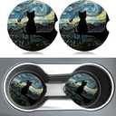 2 x Aesthetic Black Cat Car Coasters for Cup Holders,2 Pack Car Cup Holder Coasters for Car,Ceramic Absorbent Car Coaster with A Finger Notch and Cork Base,Car Interior Accessories for Women Men