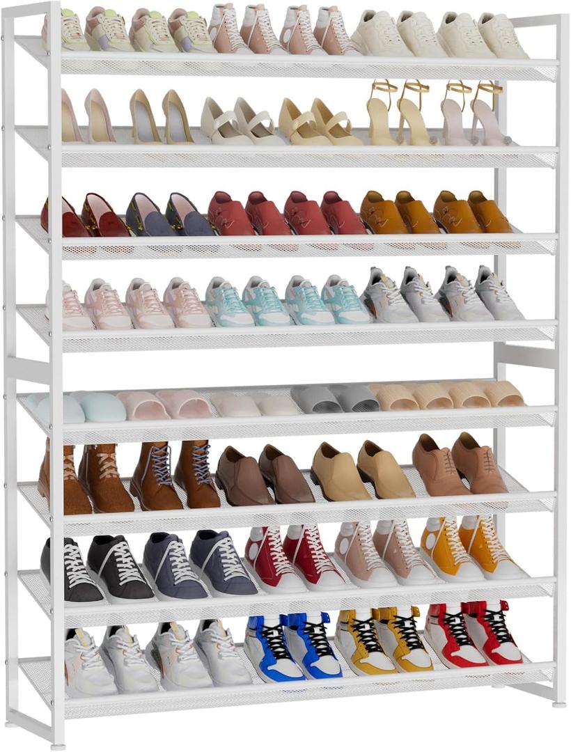 Large Shoe Rack 8 Tier Shoe Organizer, Heavy Duty Metal 4-Tier Stackable Shoe Storage Vertical Shoe Rack for Closet Front Door Entrance, Up to 50 Pairs, 44.8" W x 11.4" D x 56.7" H, White
