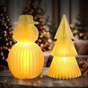 VIHOSE 2 Pcs 19.7in Large Honeycomb Paper Christmas Tree Snowman Decoration LED Light up 3D Honeycomb Xmas Centerpiece Set Foldable Paper Christmas Tree Snowman Holiday Decor for Indoor Home Decor