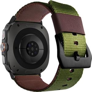 Nylon and Leather Bands Compatible with Samsung Galaxy Watch Ultra 47mm for Women Men,Adjustable Sport Loop Replacement Straps. (Green)