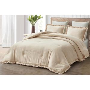 Chezmoi Collection Nora Light Sand Comforter Set Queen Size 3-Piece Lightweight Fluffy Soft Stone-Washed Ruffled Shabby Chic Bedding for All Season