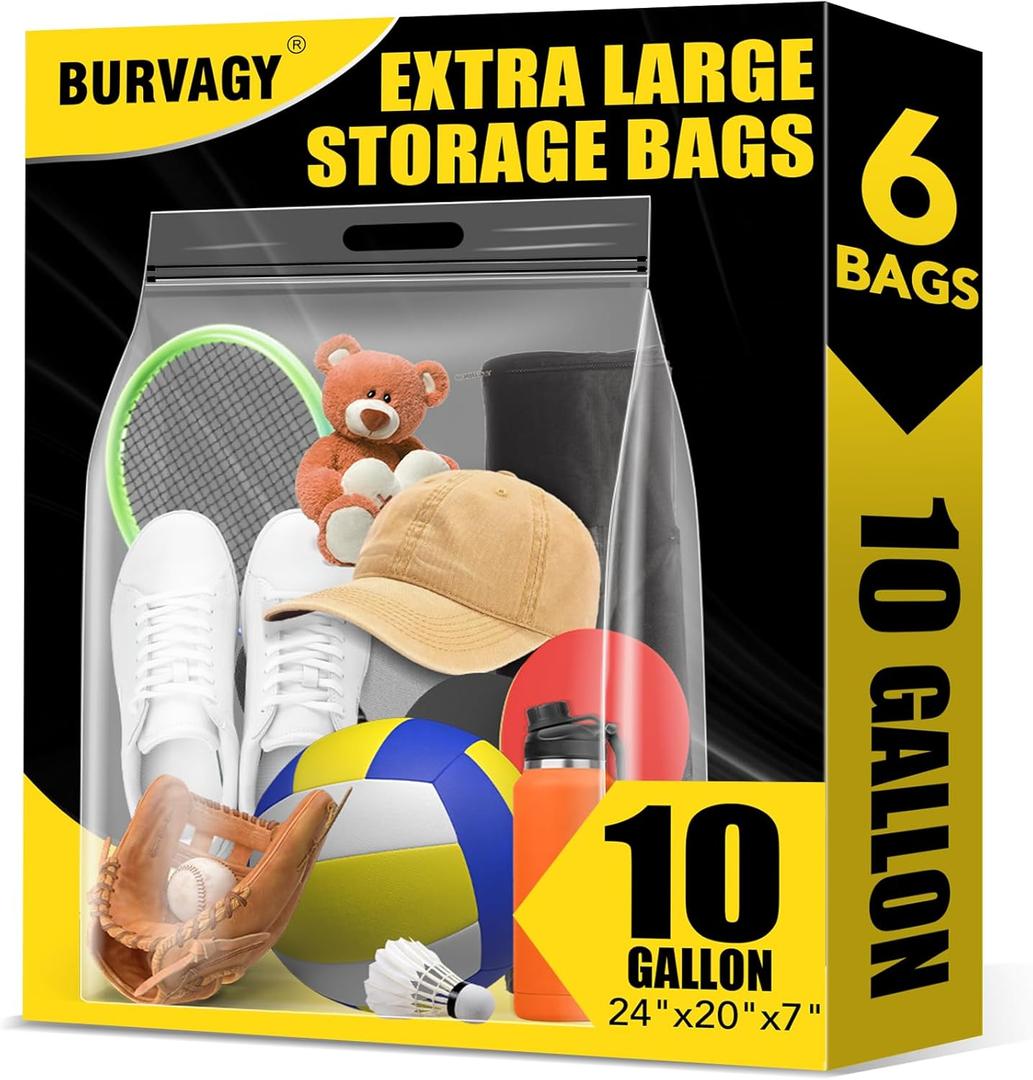 BURVAGY 6Pack Extra Large Plastic Storage Bags 10 Gallons 24"x20"x7" Zero BPA Double Zipper Seal 4 Mils Thick Double Layer Carry Handle Resealable Moving Seasonal Travel Clothes