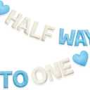 1/2 Way to One Birthday Decorations Blue Beige Handmade Felt Pre-Strung Half Way to One Sign Banner with Heart for 6 Months Birthday Baby Boy Decorations Party Nursery Home Wall Fireplace Decor