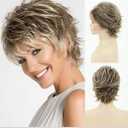 SEVENCOLORS Short Blonde Wigs for White Women Synthetic Hair Mixed Brown Wigs with Bangs Natural Layered Pixie Cut Wig for Women