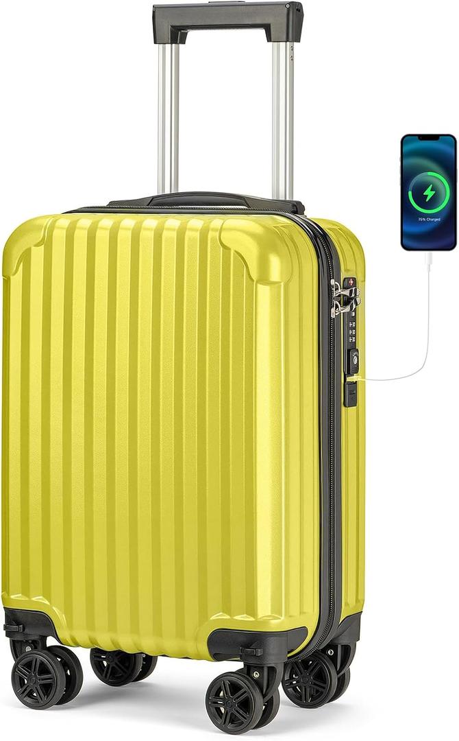 Personal Item Suitcase 18x14x8 Inches Hardside Built In TSA Lock & USB Port Lightweight Luggage With Removable Silent Wheels Underseat Carry-On Bag For Spirit and Frontier and More (Yellow), Medium