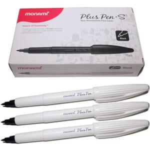Monami Plus Felt Tip Fine Liner Pen - White Body - Black - Pack of 12