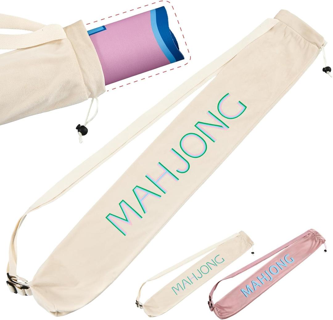 34 Inch Long Mahjong Mat Bag Cute Double Strapped Flannel Cloth Drawstring Mahjong Holder Lightweight Outdoor Carrying Bag for Board Games Outdoor Travel Storage-Mat Not Include(Beige,1 Pc)