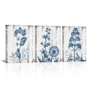 RnnJoile Blue Floral Canvas Wall Art Navy Blue Pictures Prints Flower Painting Farmhouse Bedroom Bathroom Decor Framed 16"x20"x3pcs (Medium)